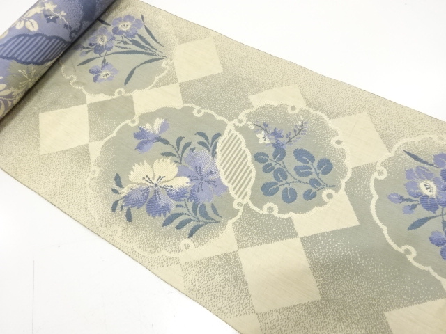 アンティーク　雪輪に水仙・撫子・萩模様織り出し　八寸帯地反物